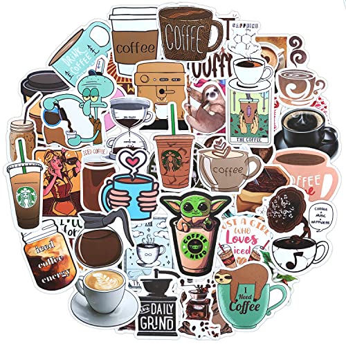 Kaffee Aufkleber 50 Stück Coffee Sticker Set,Schöne Aesthetic Kaffee Theme,Wasserdichte Vinyl Sticker Aufkleber für Meme Tasse Flasche Laptop Scrapbook Journal Gitarren Mappen Skateboard iPad Fahrrad von AIRNOGO