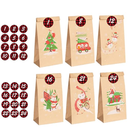 24 Stück Geschenktüten Weihnachten Klein Papiertüten mit Aufkleber Kraftpapier Tüten Adventskalender Kinder 2024 Tüten von AIROLDI