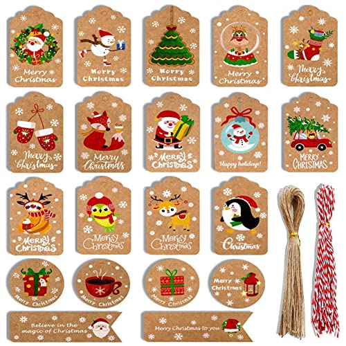 Geschenkanhänger Weihnachten 100 Stück Kraftpapier Anhänger Weihnachten Etiketten Weihnachten Anhänger Christmas Tags mit 100 Juteseil & Rot Weißes Seil für Weihnachtsbaum Präsentieren Dekoration von AISHOW