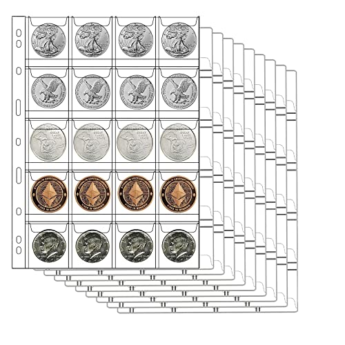 AITIME 20 Pocket Coin Pocket Sleeves, Stander 9-Loch Stempelhüllen für Ordnerbinder, 10 Blatt Golden Silber Dollar Münzaufbewahrungsbuch Nachfüllungen zum Einlegen von Münzsammelhalter für Sammler von AITIME