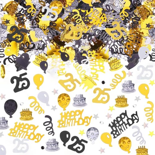 AIVEKE Happy Birthday Konfetti Tischdeko Geburtstag 25. - Streudeko Geburtstag Frau Mann, Konfetti Geburtstag Schwarz Gold, Luftschlangen Geburtstag, Glitzer Confetti für Jubiläum Partydekorationen von AIVEKE