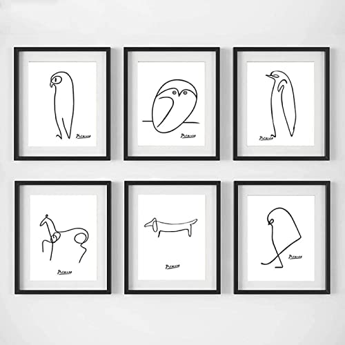 AIVYNA Picasso Minimalistische Strichzeichnung Tiere Poster Schwarz Weiß Wand Gemäldedrucke Leinwand Bild Wohnzimmer Wandbild Wohnkultur Rahmenlos 40×50cm×6pcs von AIVYNA