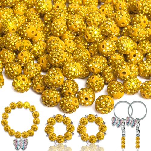 Disco-Perlen, 10 mm, Gelb, 100 Stück – schimmernde Strass-Polymer-Ton-Perlen, Kristallperlen für Schmuckherstellung, Bastelarbeiten, Armbänder, Halsketten, Ohrringe und Zubehör von AIXPROBEAD