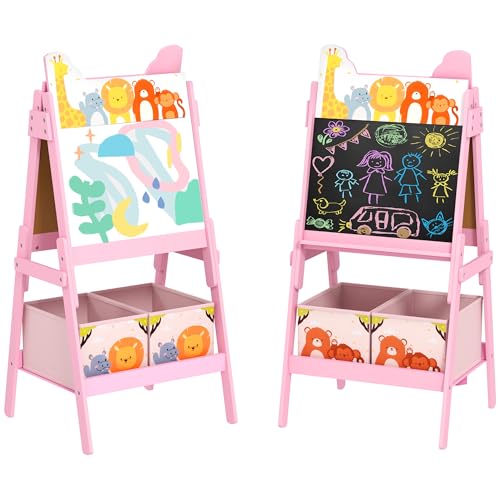 AIYAPLAY 2-in-1 Kindertafel, doppelseitige Kinder Staffelei, Staffelei mit Kreidetafel, Whiteboard, Aufbewahrungsboxen, für Kinder 3-8 Jahre, Rosa von AIYAPLAY