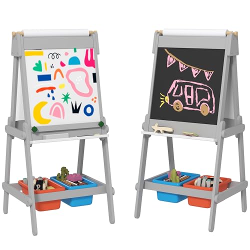 AIYAPLAY 3-in-1 Kindertafel, doppelseitige Kinder Staffelei mit Kreidetafel, Whiteboard, Staffelei mit Radiergummi, Zeichenpapier, Aufbewahrungsboxen, für Kinder 3-8 Jahre, Grau von AIYAPLAY