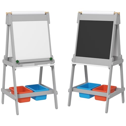 AIYAPLAY 3-in-1 Kindertafel, doppelseitige Kinder Staffelei mit Kreidetafel, Whiteboard, Staffelei mit Radiergummi, Zeichenpapier, Aufbewahrungsboxen, für Kinder 3-8 Jahre, Grau von AIYAPLAY