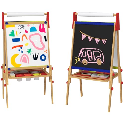 AIYAPLAY 3-in-1 Kindertafel höhenverstellbar, doppelseitige Kinder Staffelei mit Ablage, Staffelei mit Farbbecher, Radiergummi, Zeichenpapier, für Kinder 3-8 Jahre, Naturholz von AIYAPLAY