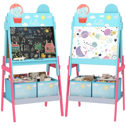 AIYAPLAY Kinder Whiteboard Staffelei 2 in 1 Doppelseitiges Kinder Whiteboard mit 2 Leinenkästen Kinder Mal Staffelei mit blauem Tierdruck von AIYAPLAY