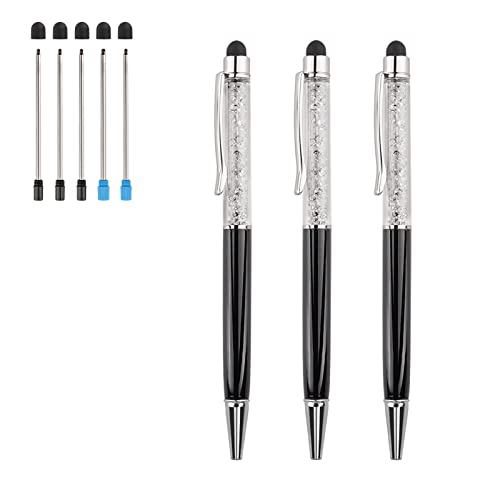 AIYIBEN Stylus Kugelschreiber 3 Stück 2 in 1 Bling Kristall Diamantstift Kapazitiver Touchscreen-Stift mit Ersatzminen Schwarz Blau Tinte Gummi Tipps für iPhone iPad Touchscreen (Schwarz) von AIYIBEN