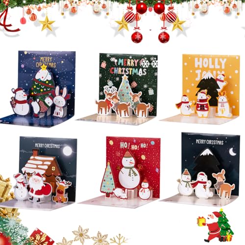 AIZHAZHA Weihnachtskarten, 6 Stück Weihnachtskarten mit Umschlag Set, 3d Weihnachtskarte Pop-Up Karte, Kleine Karten Weihnachten, Klappkarten Weihnachten, Versenden Sie Weihnachtsgrüße von AIZHAZHA