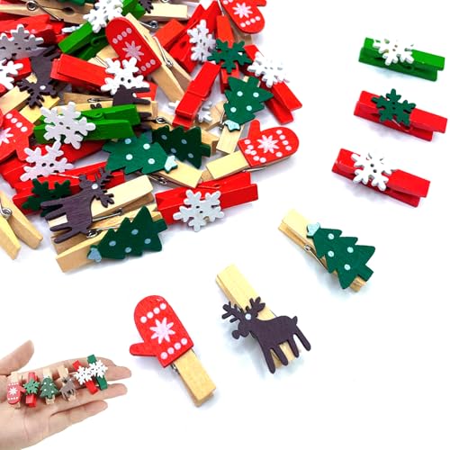 AIZQYC 50 Stück Weihnachten Mini Holz Clip, Klammern Weihnachten, Mini Holzklammern Weihnachten, Wäscheklammern Deko für Adventskalender, Fotowänden, Postkarten, Papiertüten von AIZQYC