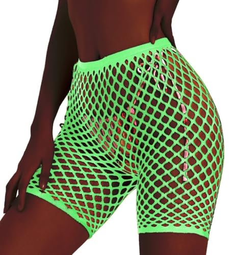 AJMDGW Damen Sexy Netz-Bikershorts aus Netzstoff, Schwarze Badeanzüge mit hoher Taille, Bikinihose, Überzug, Shorts(Neon) von AJMDGW