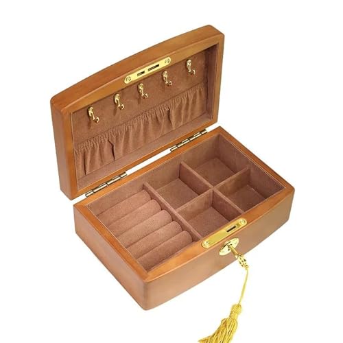 AJMIPO Ringbox im Retro-Stil, Holz-Schmuckschatulle mit Schloss, zweilagig, Organizer für Ringe, Armbänder, Halsketten, Ohrringe, Ringboxen für Schmuck (A) von AJMIPO