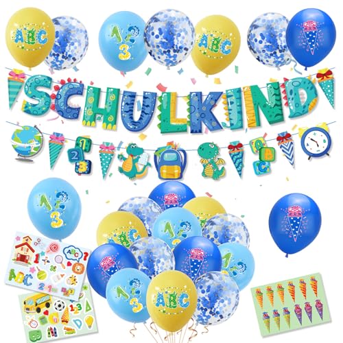 28 Stück Einschulung Deko,Einschulung Deko Junge,Schulanfang Schulkind,Luftballons Jungen,Inhalt Schuleinführung Einschulungsdeko Flagge,Blau Luftballon,Aufkleber,Flache Bänder,Pailletten Set von AJUNLKVDR