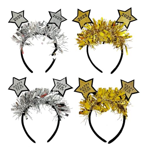 4 Stück Happy New Year Headband,Haarschmuck Silvester Deko,Silvester Deko Haarreif,Happy New Year Haarreif,Haarreif Silvester Foto Requisiten 2025,Happy New Year Haarreif Foto Requisiten(Gold,Silber) von AJUNLKVDR