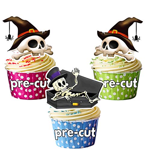 Vorgeschnittene Halloween Skelette mit Hüten - essbare Cupcake Topper/Kuchendekorationen (12 Stück) von AK Giftshop