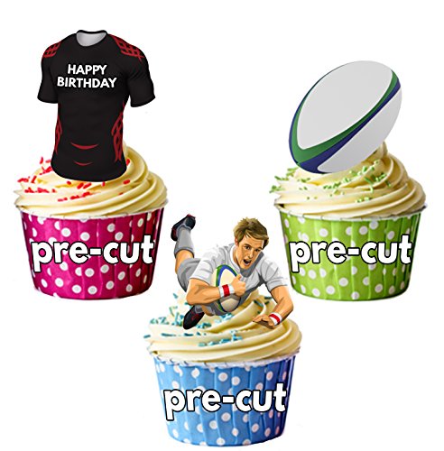 AK Giftshop vorgeschnittene Cupcake-Dekorationen, Motiv: Happy Birthday Rugby Party Pack – essbare Cupcake-Toppers/Kuchendekorationen, Toulouse Farben, 12 Stück von AK Giftshop