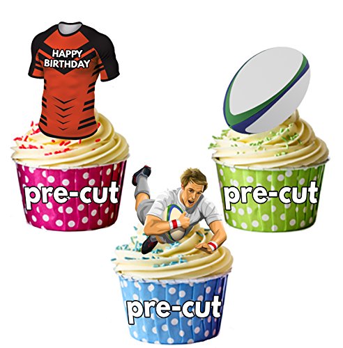 AK Giftshop vorgeschnittene Cupcake-Dekorationen Happy Birthday, Rugby-Party-Set, essbar, Castleford Tiger-Farben (12 Stück) von AK Giftshop