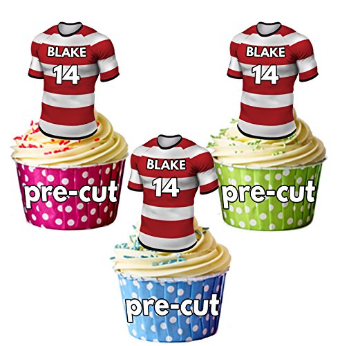 AK Giftshop vorgeschnittene personalisierbare Rugby-Shirts mit Wunschname und Nummer – essbare Cupcake-Toppers/Kuchendekorationen, Gloucester Farben (12 Stück) von AK Giftshop