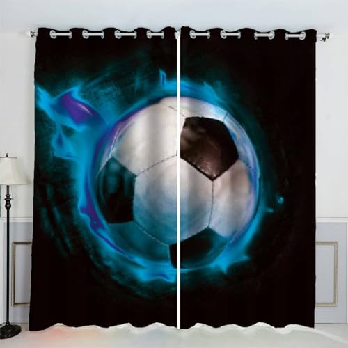 AKATIE Fußball Schwarz Gardinen Kinderzimmer 3D Drucken Fenstervorhang Sportlicher Stil Vorhänge Abdunkelnd Blickdichte Schallschutz Gardinen mit Ösen 2er-Pack (140x160 cm) von AKATIE