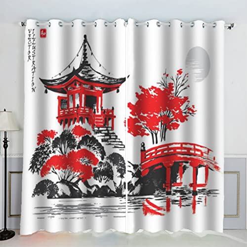 AKATIE Japanische Landschaft Gardinen Kinderzimmer 3D Drucken Fenstervorhang Japanische Kunst Vorhänge Abdunkelnd Blickdichte Schallschutz Gardinen mit Ösen 2er-Pack (140x160 cm) von AKATIE