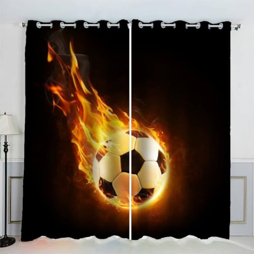 AKATIE Kinderzimmer Vorhänge Fußball Schwarz Thema Sport Fenstervorhang mit ösen Junge Mädchen Schlafzimmer Wohnzimmer Küche Verdunklungsvorhang 2-Set (150x166 cm) von AKATIE