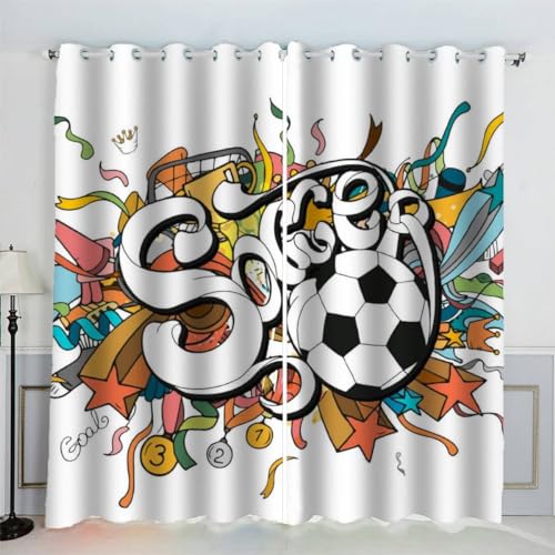 AKATIE Kinderzimmer Vorhänge Fußball Sportthema Bunter Fußball Fenstervorhang mit ösen Junge Mädchen Schlafzimmer Wohnzimmer Küche Verdunklungsvorhang 2-Set (150x166 cm) von AKATIE