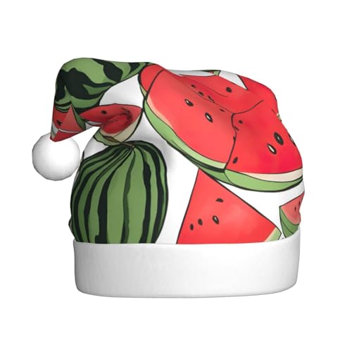 AKDODK Weihnachtsmütze mit rotem Wassermelonen-Druck, lustige Weihnachtsmütze für Erwachsene, Plüsch-Weihnachtsmannmütze, Weihnachtsfeierzubehör von AKDODK