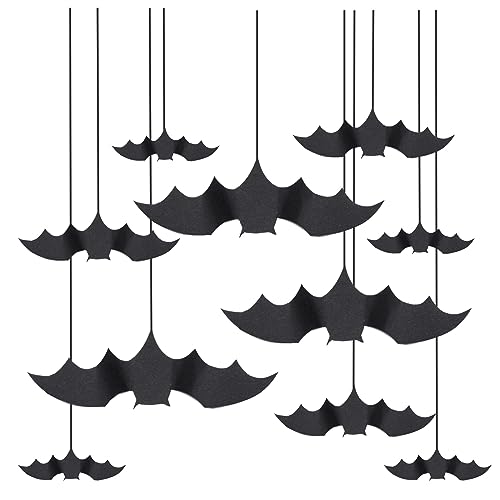 AKH® Halloween-Hänge-Fledermaus-Dekorationen, 10 Stück, Türschnüre, Decke, Papierfledermaus-Dekorationen für Halloween, gruselige Fledermausgirlande mit schwarzer Schnur, von AKH