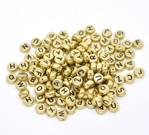 AKOAK 200 Stück gemischte 4 x 7 mm runde goldene Acryl-Kunststoffperlen mit schwarzen Buchstaben/Alphabet-Buchstaben "A-Z" Würfelperlen für Armbänder, Halsketten, Schlüsselanhänger und Kinderschmuck von AKOAK