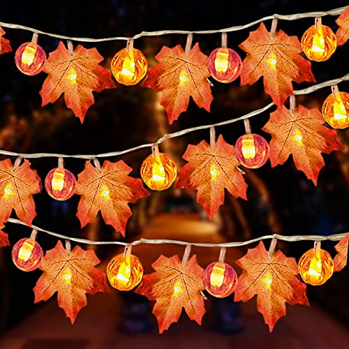 AKOFIC Kürbis Ahornblatt Lichterkette, 20 LEDs 3 m Herbst Kürbis Girlanden Lichterkette Ahornblatt Lichter Wasserdicht Batteriebetrieben, Herbstgirlande Deko für Halloween Thanksgiving Weihnachten von AKOFIC