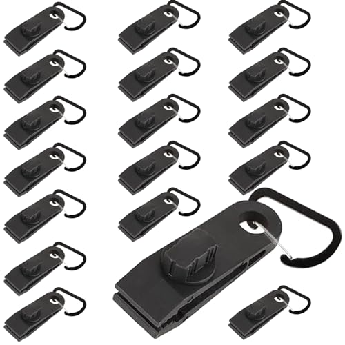 AKOLAFE 18 Stück Planenclips schwerlast 8x3x2.5cm Planenspanner mit karabiner Schwarz Klemmen für Planen Planenclips Zeltplanen Clips Heavy Duty Tarp Clips Planenbefestigung für Zelt Camping Vorzelt von AKOLAFE