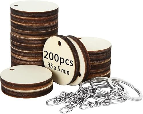 AKOLAFE 200 Stück Runde Holzscheiben 35mm Holzplättchen mit Loch 5mm Dick Holzplatte Schlüsselanhänger Basteln Holzscheiben klein Natürlich Deko Baumscheiben Holzbrett für DIY, Geburtstag, Hochzeit von AKOLAFE