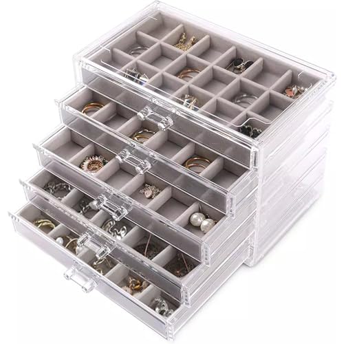 AKOLAFE Schmuckkästchen Mädchen mit 5 Ebenen Schmuckaufbewahrung Schublade Schmuckkasten aus Samt und Acryl Schmuckschatulle Schmucktablett Schmuck Organizer für Ringe, Ohrring, Halskette, Armbänder von AKOLAFE