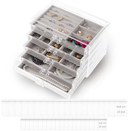 AKOLAFE Schmuckkästchen Mädchen mit 5 Ebenen Schmuckaufbewahrung Schublade Schmuckkasten aus Samt und Acryl Schmuckschatulle Schmucktablett Schmuck Organizer für Ringe, Ohrring, Halskette, Armbänder von AKOLAFE