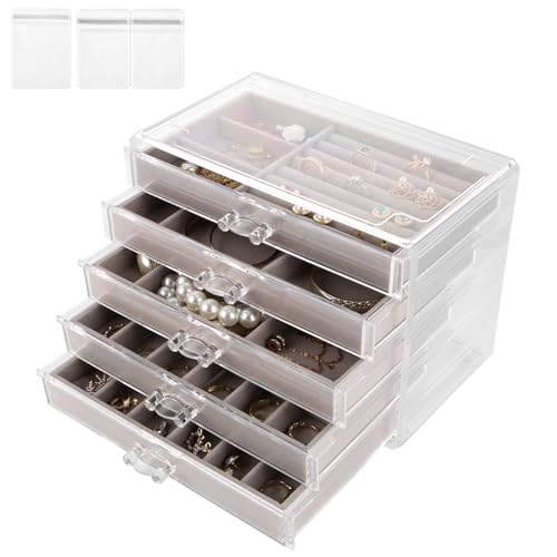 AKOLAFE Schmuckkästchen Mädchen mit 5 Ebenen Schmuckaufbewahrung Schublade Schmuckkasten aus Samt und Acryl Schmuckschatulle Schmucktablett Schmuck Organizer für Ringe, Ohrring, Halskette, Armbänder von AKOLAFE