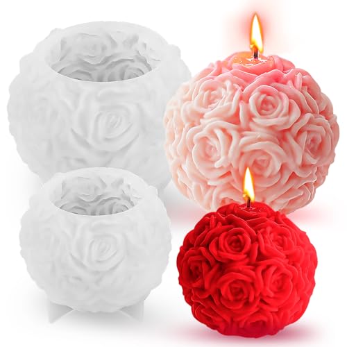 2 Stück Rosenkugel Kerzenform, Silikonformen Gießformen, Kerzen Selber Machen Set, 3D Rosen Blumen Kerzenformen zum Gießen, Kerzen Formen Silikon für DIY Duftkerze Ornamente Valentinstag von AKONE