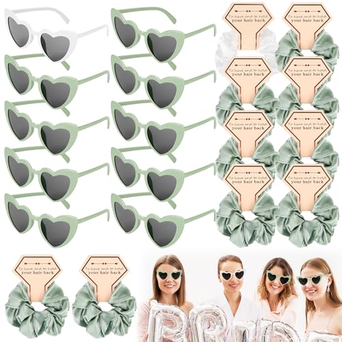 JGA Brille&Team Braut Haargummi, Bride Party Herz Sonnenbrille, Jga Accessoires Frauen mit 10 Sonnenbrille Herz + 10 Bride Haargummi, Jga Deko für Junggesellinnenabschied, Party, Hochzeit (Grün) von AKONE