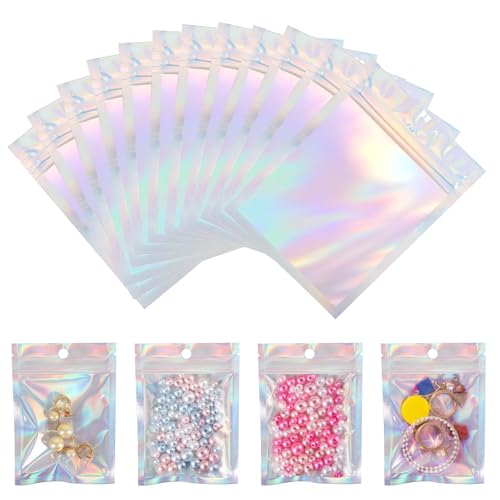 Mylar Beutel 100 Stück, Wiederverschließbare Beutel, Aluminiumfolie Zip Beutel, Klein Holographische Folienbeutel 9 x 12 cm, Mylar Bags zum Aufbewahren Schmuck Snacks Keksen Kleine Gegenstände von AKONE