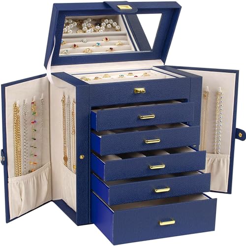 Akozlin Große Schmuckschatulle, funktional mit großem Spiegel, Leder-Schmuck-Aufbewahrungsbox für Damen, Mädchen, Ringe, Halsketten, Ohrringe, Armbänder, Organizer, blau von AKOZLIN