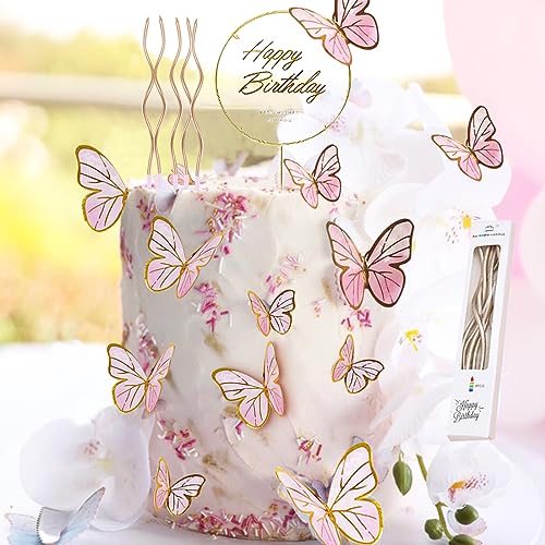 Tortendeko Schmetterlinge,12 Stück Torten Deko Geburtstag Schmetterlinge mit Geburtstagskerzen,Happy Birthday Cake Topper für Mädchen Fraue Kuchen Deko Geburtstag,Cupcake Muffin Deko,Rosa von AKSXU