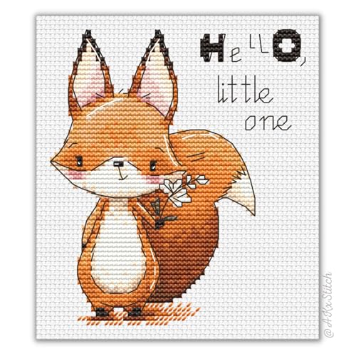 Kreuzstich-Set, Motiv: Fuchs, Hello Little One, Stickmuster, Stickmuster zur Geburt, Karte zur Geburt, DMC Fäden und Aida, modernes Geschlechtsneutrales Muster von AKxStitch