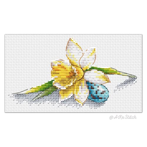 Narzissen-Frühlingsblume-Kreuzstich-Set, PDF-Diagramm, gelbes Blumenstickmuster mit Osterei, leicht verständliche Tabelle, DMC-Garn und Aida von AKxStitch