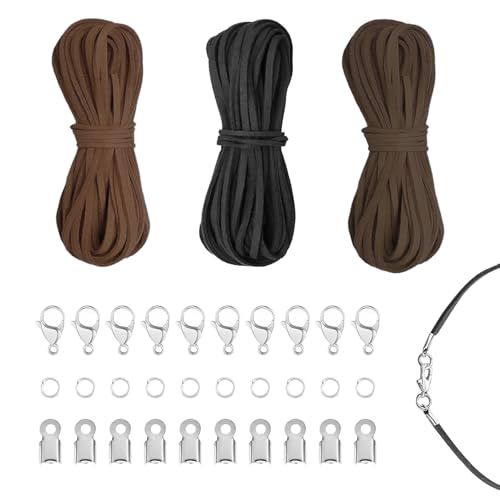 3 x Lederschnur Lederband Kette, 2,5mm x 10m Lederbänder für Ketten, Faux Wildleder Schnur, Lederschnüre mit Verschlusse, 3 Farben Lederband Flach für Basteln Armband Halskette Schmuck DIY Handwerk von ALAHUGYEF