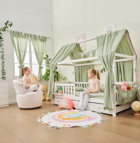 ALAVYA HOME® Vorhang Komplett Set mit Hausbett DEKO I Schlaufen (2 St) 100% Bio-Musselin Baumwolle I Vorhänge 100 x 150 cm Kurz 2er-Set für Kinderzimmer (Baumwolle, Khaki) von ALAVYA HOME