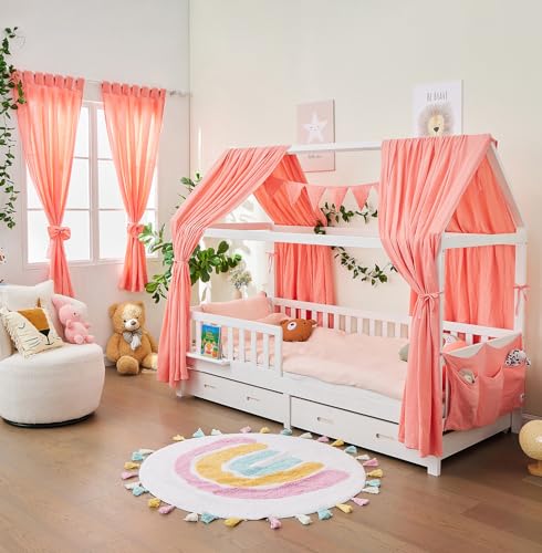 ALAVYA HOME® Vorhang Komplett SET mit Hausbett DEKO I Schlaufen (2 St) 100% Bio-Musselin Baumwolle I Vorhänge 100 x 150 cm Kurz 2er-Set für Kinderzimmer (Baumwolle, Rosa) von ALAVYA HOME