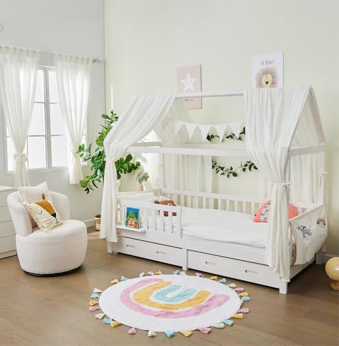 ALAVYA HOME® Vorhang Komplett Set mit Hausbett DEKO I Schlaufen (2 St) 100% Bio-Musselin Baumwolle I Vorhänge 100 x 150 cm Kurz 2er-Set für Kinderzimmer (Baumwolle, Weiß) von ALAVYA HOME