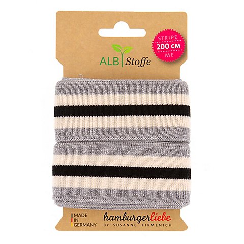 Albstoffe Bio-Band "Stripe Me Glam", grau/ecru/schwarz, 2 m von ALB Stoffe