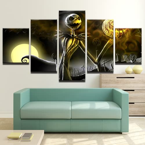 Leinwandbild 5 Tlg Kunstdruck 5 Stück Gedruckt Nightmare Before Christmas Gemälde Leinwand Wandkunst Bilder Wohnkultur Wohnzimmer Halloween Poster,Rahmenlos,40X60Cmx2 40X80Cmx2 40X100Cmx15 Stück Ged von ALBVLE