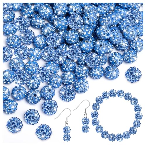 150 Stück Strassperlen zum Basteln, 10 mm glänzende, runde Shamballa-Disco-Perlen, hellblaue glitzernde Kristall-Ton-Perlen für DIY-Halsketten, Schmuckherstellung, Urlaubsdekorationen von ALDMIO